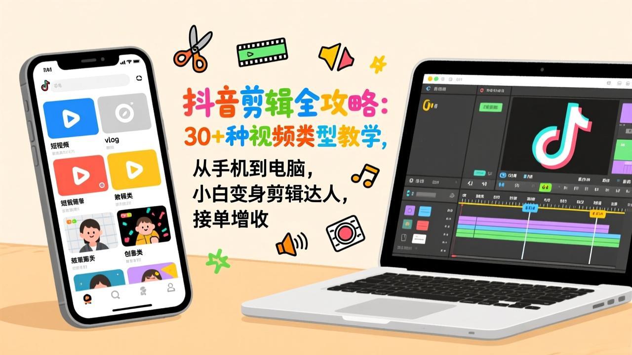 抖音剪辑全攻略：30+种视频类型教学，从手机到电脑，小白变身剪辑达人，接单增收-知创网