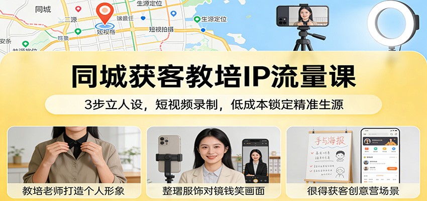 同城获客教培IP流量课：3步立人设，短视频录制，低成本锁定精准生源-知创网