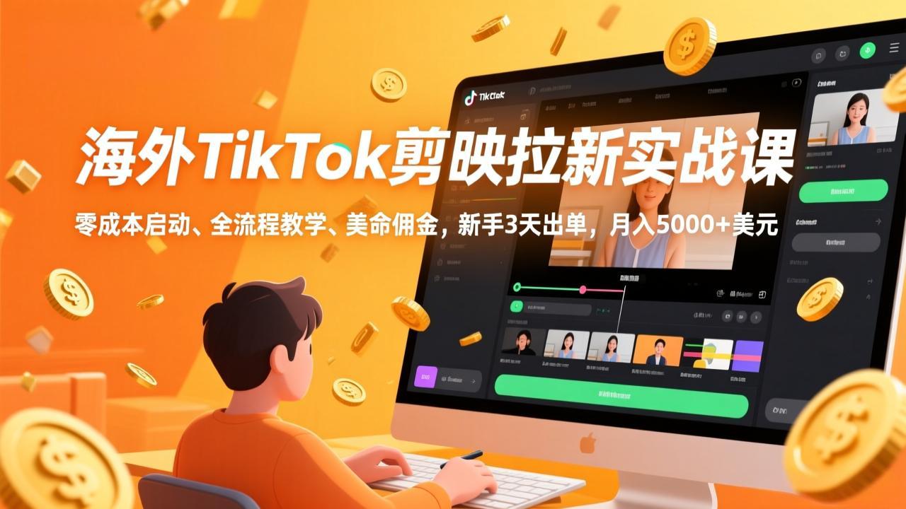 海外TikTok剪映拉新实战课，零成本启动、全流程教学、美金佣金，新手3天出单，月入5000+美元-知创网