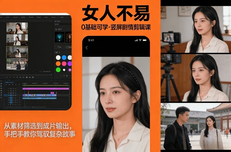 0基础可学！《女人不易》竖屏剧情剪辑课，从素材筛选到成片输出，手把手教你驾驭复杂故事-知创网