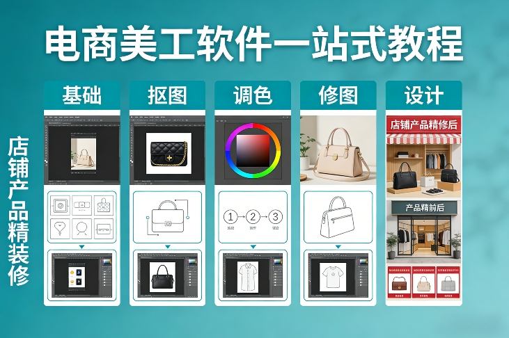 电商美工软件一站式教程,基础/抠图/调色/修图/设计,店铺产品精装修-知创网